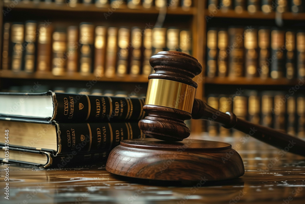 A Wooden Judge's Gavel on its Sounding Block with Legal Books in a Law Library A Wooden Judge's Gavel on its Sounding Block with Legal Books in a Law Library
