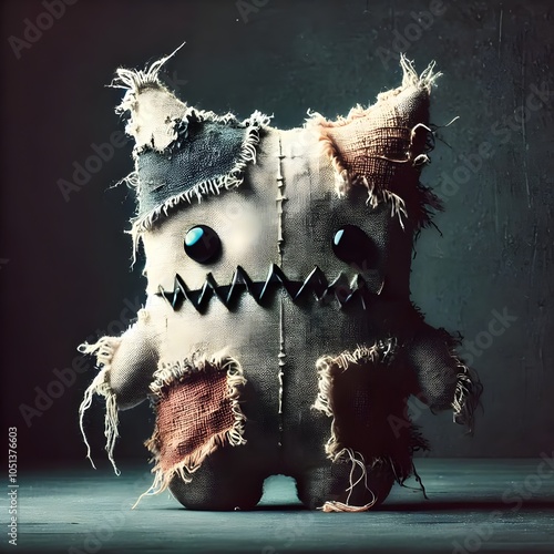 Whimsical plush monster toy with button eyes and patchwork stitching