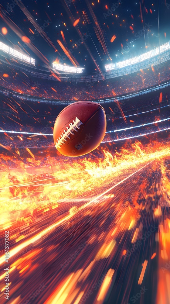 The ball is speeding of american football with fire effects, View of the american football stadium, which is magnificent and modern The ball is speeding of american football with fire effects, View of the american football stadium, which is magnificent and modern