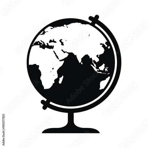 The globe icon. The black silhouette of the globe. A model of the globe. The continents of Africa, Eurasia, Australia.Vector illustration isolated on a white background for design and web.