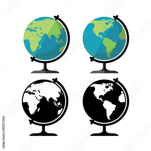 A set of globus icons. A model of a planet with continents. Colored icons and black silhouettes. Vector illustration isolated on a white background for design and the Internet.