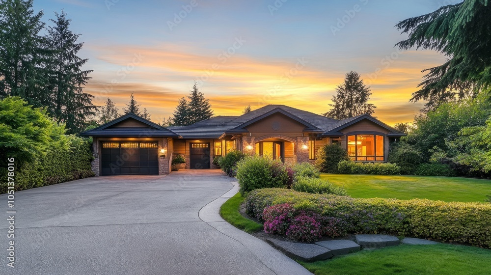 Obraz premium Family home glowing warmly at dusk, garden lush and driveway neat, under a fading golden sky.