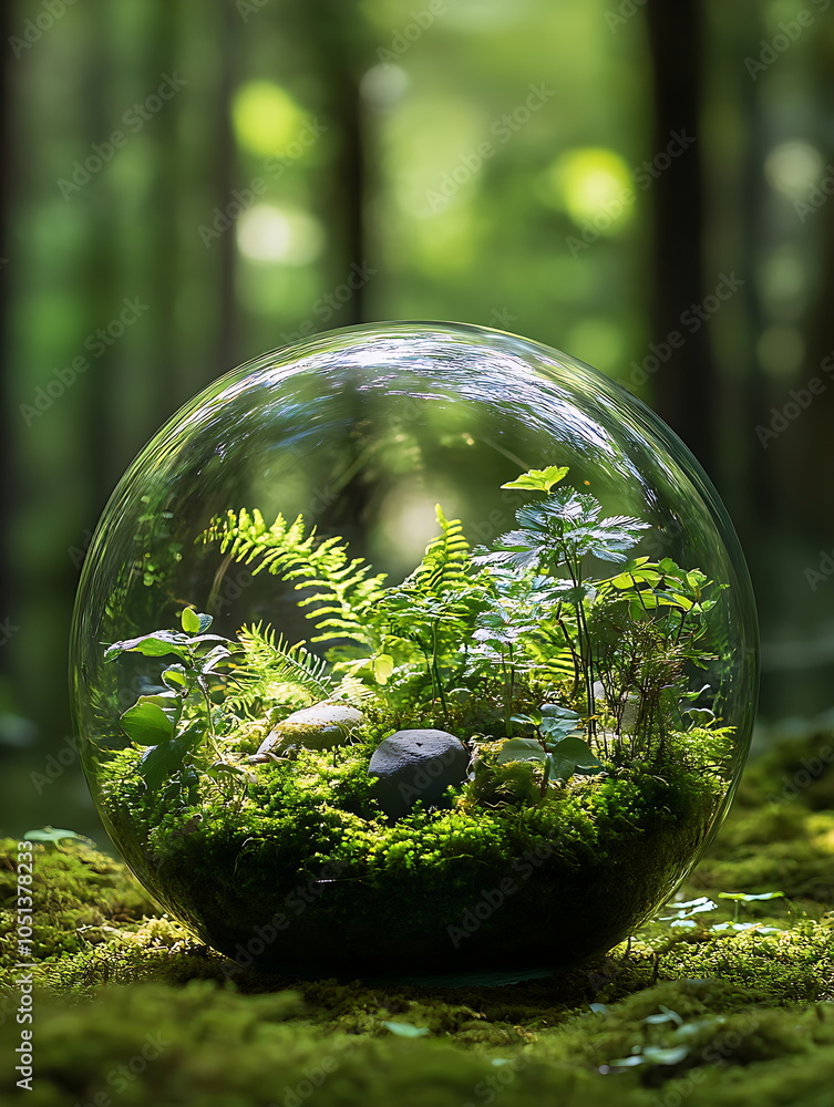 A transparent glass orb containing green plants, Generative AI A transparent glass orb containing green plants, Generative AI