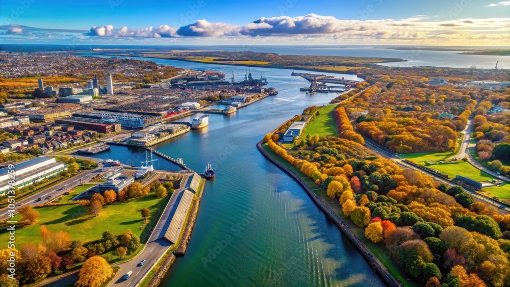 Fototapeta premium Aerial view of Dublin channel near the port during autumn , Dublin, aerial, view, channel, port, autumn, water, city