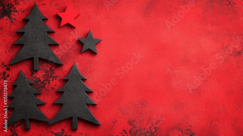 Red and black holidaythemed grunge texture with abstract tree and star shapes, rustic Christmas vibes