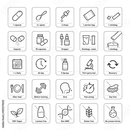 Versatile vector icon set for package medical design. Icon set is ideal for health projects, wellness and others. Editable stroke icons. EPS10.	