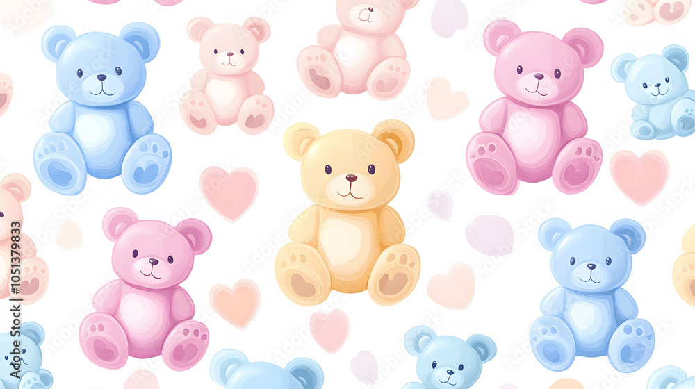 Fototapeta premium Teddy bear seamless pattern with cute hearts and playful designs, perfect for baby cards and Valentine's Day decorations