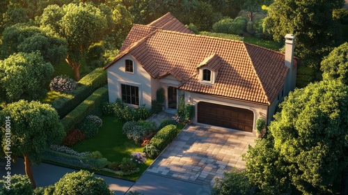 Traditional family home glowing in golden hour light, surrounded by a neat garden and driveway.