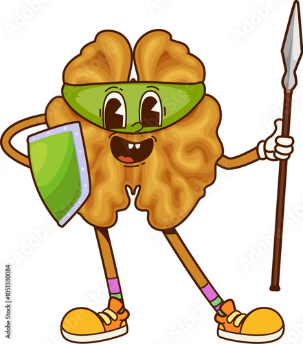 Groovy walnut nut superhero character dressed as a warrior, complete with a green mask, shield, and spear, exudes bravery and strength while holding a defensive pose. Cartoon vector healthy nutrition