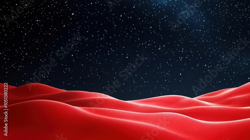 Shimmering red stars over a deep black snowy landscape, abstract winter night design