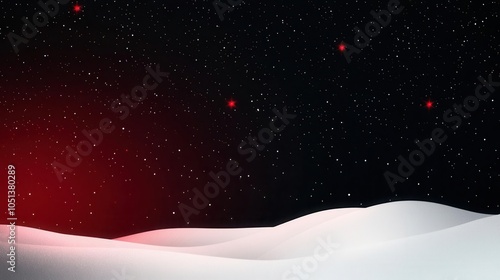 Shimmering red stars over a deep black snowy landscape, abstract winter night design