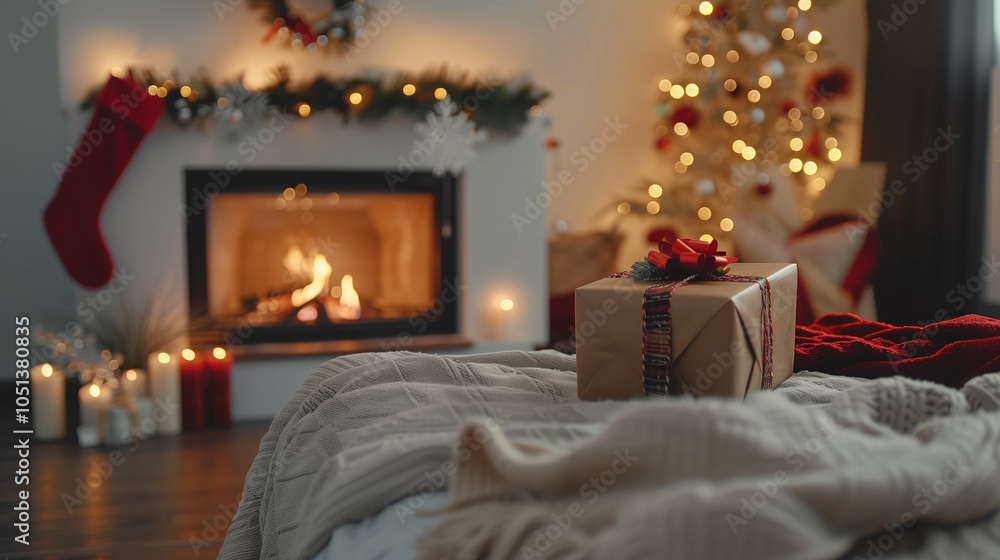 Christmas decorations and gifts in the bedroom or living room with fireplace.