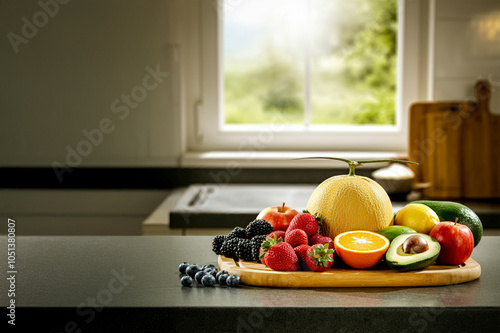 A pile of fresh, ripe and organic assorted fruit on the kitchen counter. Fruits include melons, strawberries, avocados, bluberries, apples, blackberries. photo