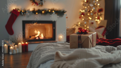 Obraz na płótnie Christmas decorations and gifts in the bedroom or living room with fireplace. w salonie