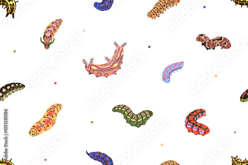 Caterpillars, seamless pattern. Small insects, butterfly larva, endless backg...