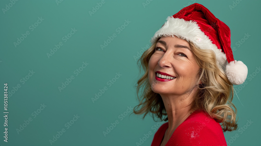 Portrait of a woman in santa hat on soft background.