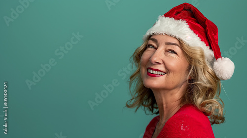 Obraz na płótnie Portrait of a woman in santa hat on soft background. w salonie
