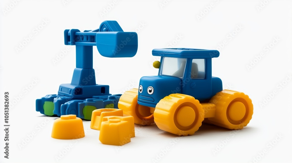 Blue Toy Tractor with Yellow Wheels and Crane Construction Toy Blue Toy Tractor with Yellow Wheels and Crane Construction Toy