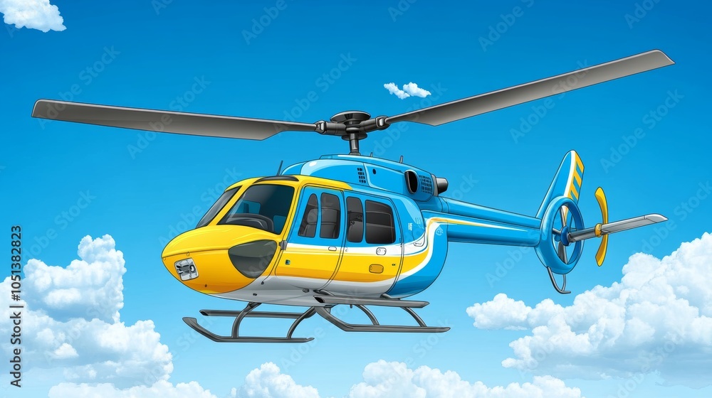 Fototapeta premium Blue and Yellow Helicopter Flying Through Cloudy Sky