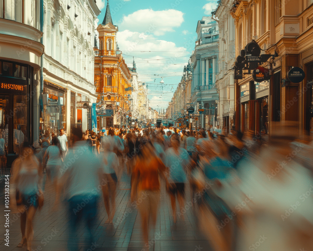 Obraz premium Professional street photo of a summer city with crowded streets