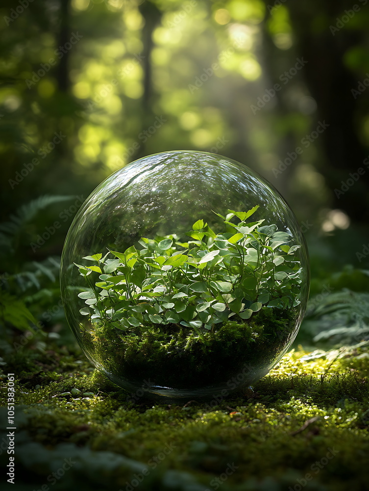 A transparent glass orb containing green plants, Generative AI A transparent glass orb containing green plants, Generative AI