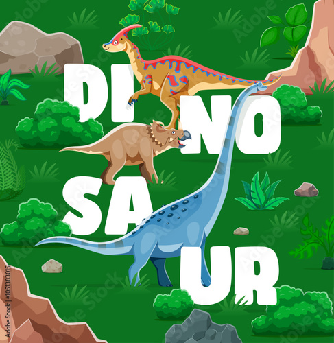 Prehistoric dinosaur banner. Vector book cover featuring cartoon dino reptile animal species in a lush jungle forest environment. Vibrant and playful template for party invitation or Jurassic park