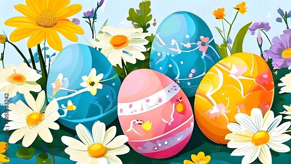 Abstract illustration of of vibrant-colored Easter eggs, surrounded by delicate spring flowers Abstract illustration of of vibrant-colored Easter eggs, surrounded by delicate spring flowers