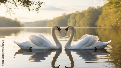 Fototapeta Naklejka Na Ścianę i Meble -  Immerse yourself in the enchanting beauty of this stunning image featuring two swans gracefully forming a heart shape with their necks as they float serenely on a glassy lake. 