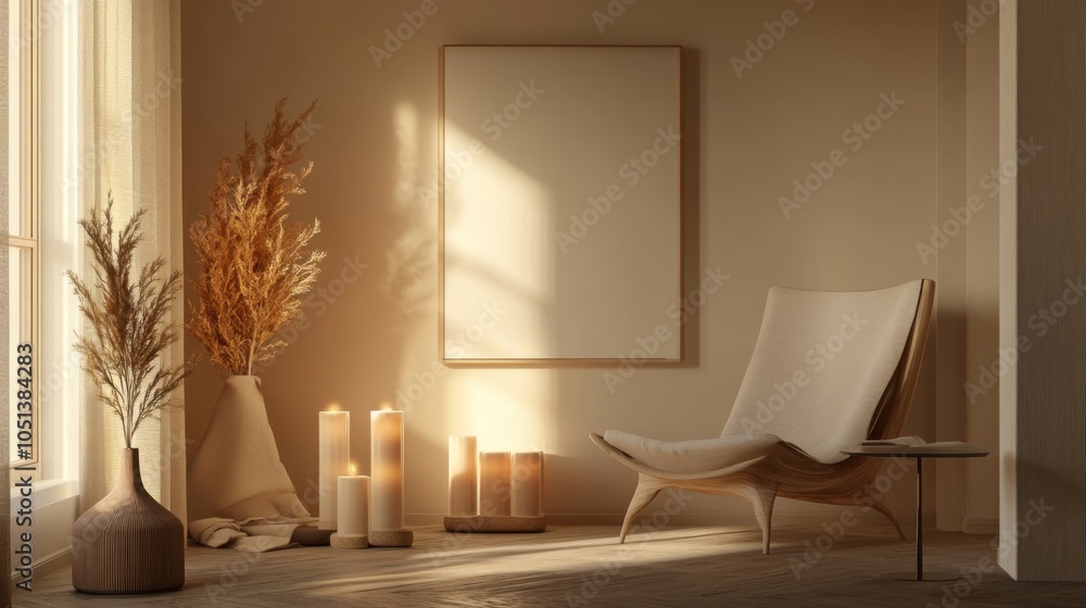 Fototapeta premium Beige room warm atmosphere frame and candles 3d render