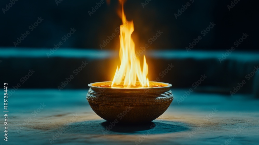Burning Oil Lamp in Brass Bowl Warm Glow Ritual Ceremony Light Flame Burning Oil Lamp in Brass Bowl Warm Glow Ritual Ceremony Light Flame