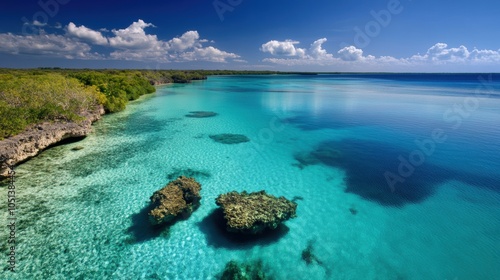 Crystal clear ocean waters with coral reefs from a birdâ€™s-eye view photo