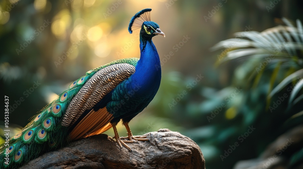 Fototapeta premium A vibrant blue peacock with its colorful tail feathers spread wide stands on a rock in a lush green forest.