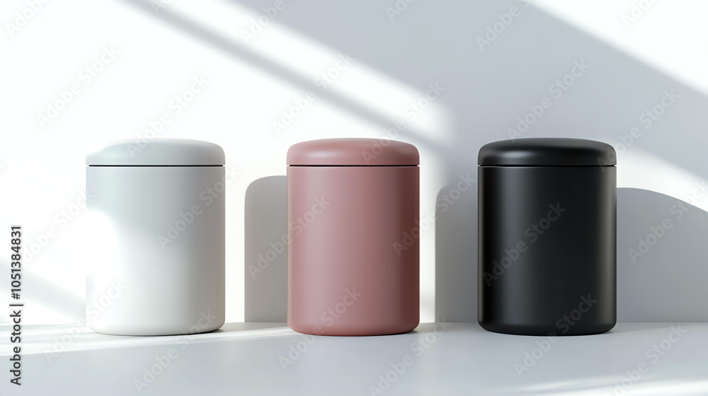 Modern small desktop trash cans with swinging lids in white, pink, and black colors, arranged neatly against bright background, create stylish and functional workspace Modern small desktop trash cans with swinging lids in white, pink, and black colors, arranged neatly against bright background, create stylish and functional workspace