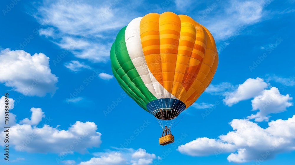 Obraz premium Colorful Hot Air Balloon Soaring Through Blue Sky with White Clouds