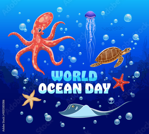 World oceans day banner featuring cartoon octopus, jellyfish, turtle, starfish and stingray animals at deep blue ocean background with bubbles. Vector sea conservation poster with marine biodiversity