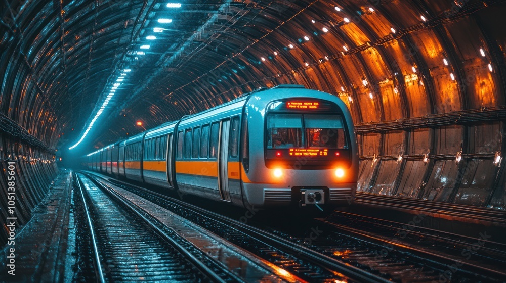 Naklejka premium Subway Train Emerging from a Tunnel with Bright Lights