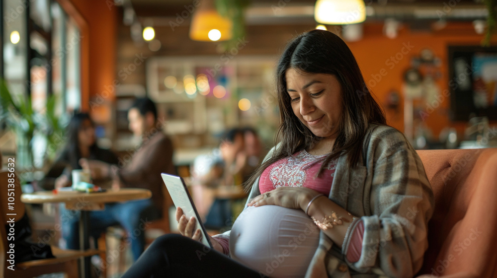 Pregnant woman sitting in colored armchair, looking at a tablet. Reading a book spending time outdoors in cafe while maternity leave Pregnant woman sitting in colored armchair, looking at a tablet. Reading a book spending time outdoors in cafe while maternity leave