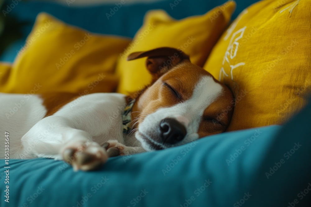 Obraz premium house dog fast asleep on colorful sofa