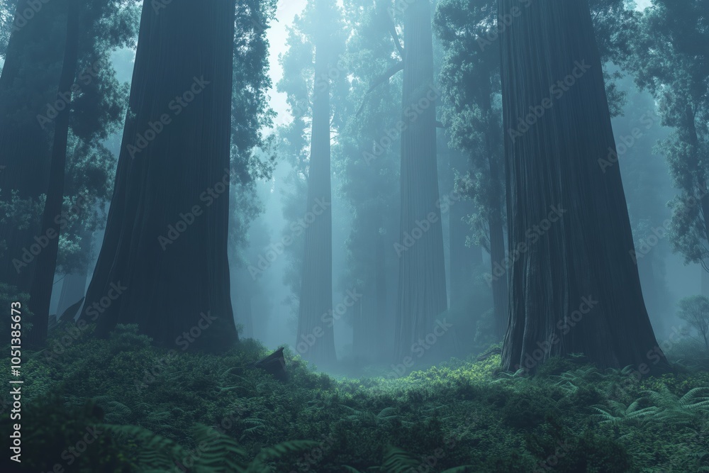 Fototapeta premium Lush ferns beneath foggy sequoia canopy