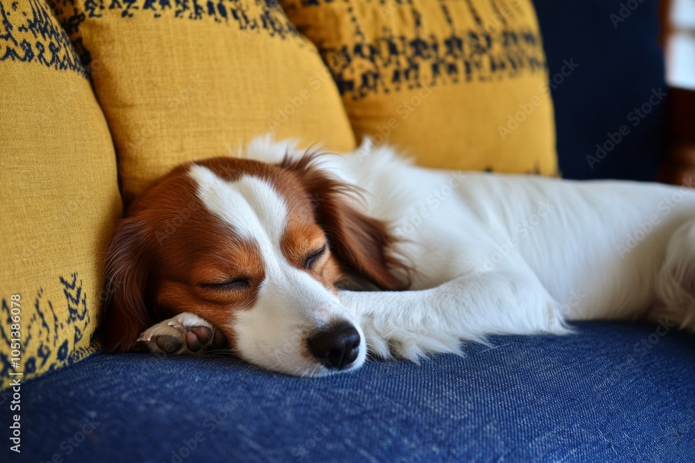 house dog fast asleep on colorful sofa house dog fast asleep on colorful sofa