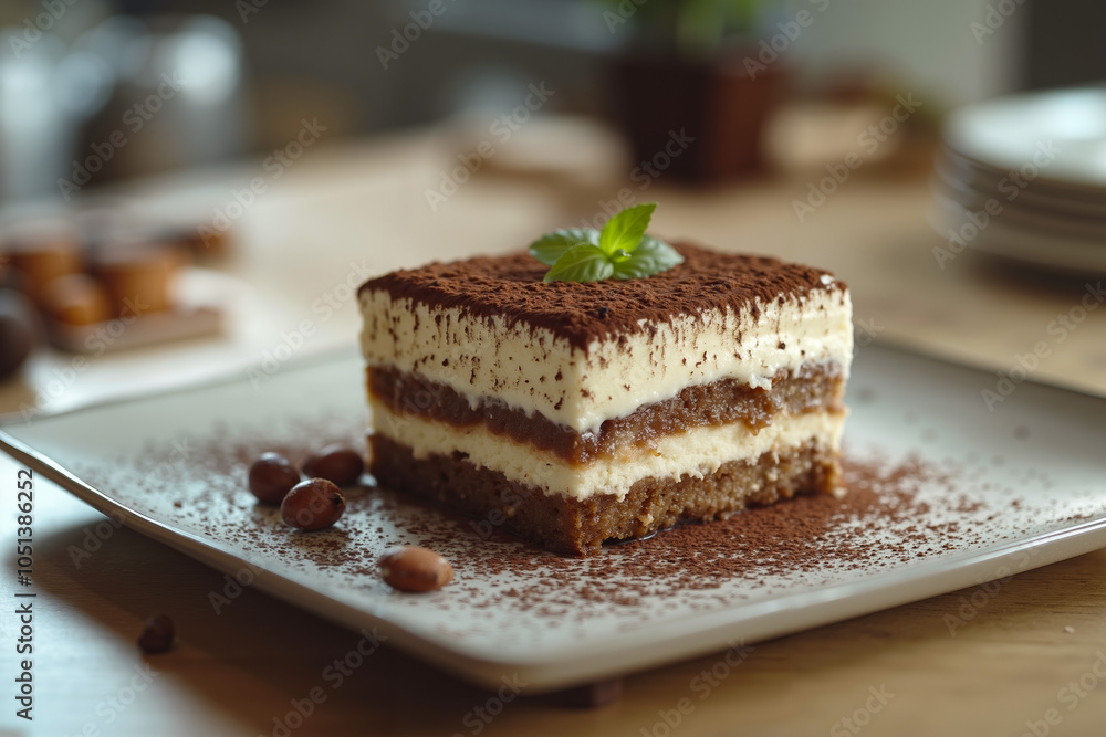A slice of layered cake with chocolate and vanilla flavors, topped with a mint leaf, on a white plate A slice of layered cake with chocolate and vanilla flavors, topped with a mint leaf, on a white plate