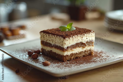 A slice of layered cake with chocolate and vanilla flavors, topped with a mint leaf, on a white plate