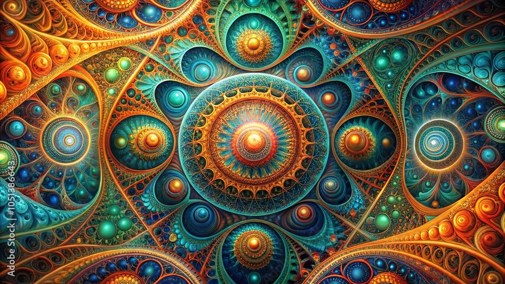 A symphony of concentric circles and intricate patterns in shades of gold, blue, and green, creating an abstract mosaic of swirling energy. A symphony of concentric circles and intricate patterns in shades of gold, blue, and green, creating an abstract mosaic of swirling energy.
