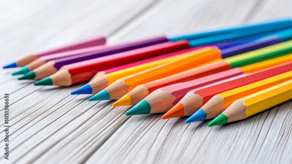 Fototapeta premium Colorful Pencils on Wooden Table Art Supplies Creativity Drawing Education