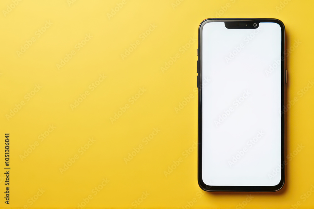 A smartphone with blank white screen on a yellow background with copy space. Mobile phone mockup. A smartphone with blank white screen on a yellow background with copy space. Mobile phone mockup.