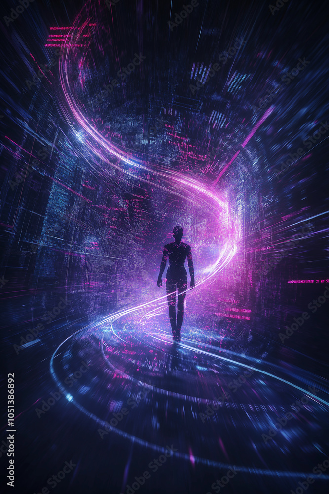 A woman is walking through a spiral of light A woman is walking through a spiral of light