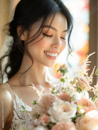 Beaurtiful bride wearing a  wedding dress, smiling and holding a bouquet of luxury flowers. photo