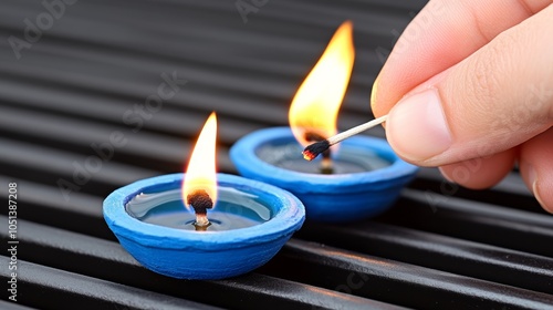 Lighting Blue Oil Lamps with a Matchstick on a Black Background photo