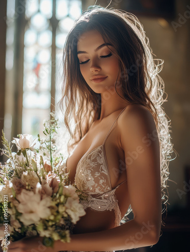 Beaurtiful bride wearing a  wedding dress, smiling and holding a bouquet of luxury flowers. photo