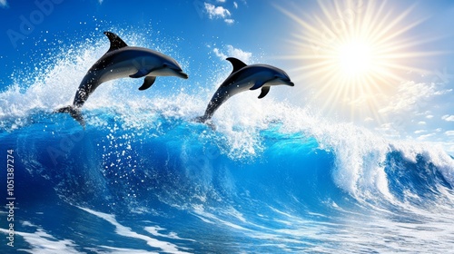 Dolphins Leaping Over Ocean Wave with Sunny Sky